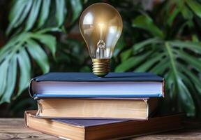 A light bulb is sitting on top of a stack of books photo