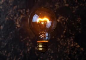 A light bulb is glowing in the dark photo