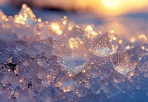 Frozen crystals on the ground at sunset photo
