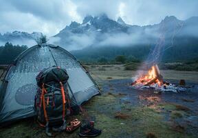 A tent and backpack are set up near a campfire photo