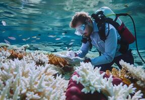 A man in a diving suit is looking at coral photo