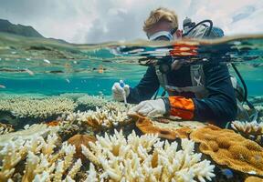A man in a diving suit is underwater with a coral photo