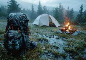 A tent and a fire pit sit in the rain photo