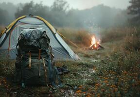 Backpack and tent in the forest photo