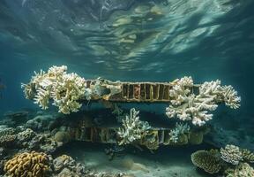 A coral reef with a wooden structure and coral photo