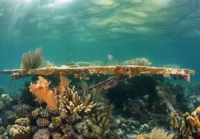 A boat is sitting on the reef with coral photo