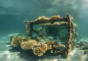 A coral reef with a boat and corals photo
