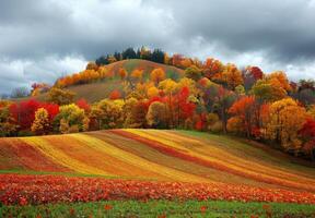 vistoso otoño paisaje con colinas y arboles foto