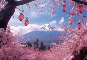 A view of a mountain with pink flowers and lanterns photo