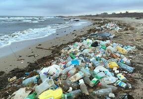 Plastic bottles and other trash are piled up on the beach photo