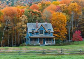 A blue house surrounded by fall foliage photo