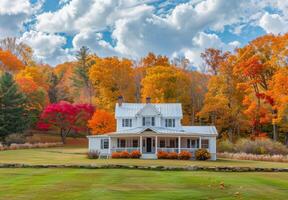 A white farmhouse surrounded by fall foliage photo