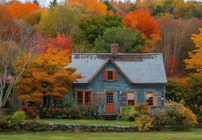A blue house surrounded by colorful trees photo