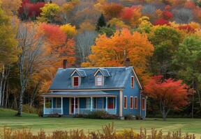 A blue house surrounded by colorful fall foliage photo