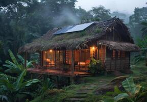 A small hut with a thatched roof in the jungle photo