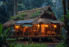 A small hut with a thatched roof in the jungle photo