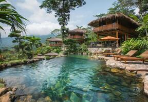 A resort with a pool and lounge chairs in the jungle photo