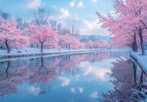 Pink cherry trees line the banks of a river photo