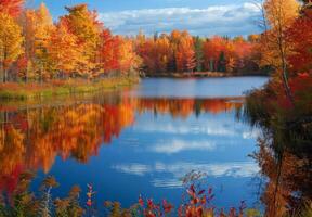 A lake surrounded by trees in the fall photo