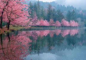 Cherry blossoms on a lake in the mountains photo