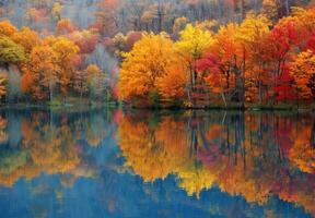 Autumn trees are reflected in a lake photo