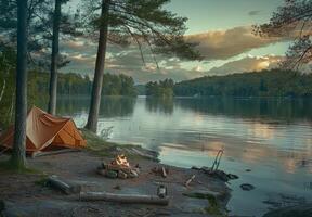 A tent is set up on the shore of a lake photo