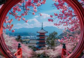 A round window looking at a pagoda with cherry blossoms photo