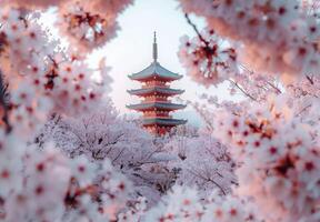 The pagoda is surrounded by cherry blossoms photo