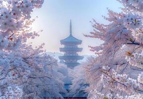 The pagoda is surrounded by cherry blossoms photo