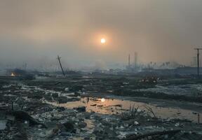 The sun is setting over a smoky area photo