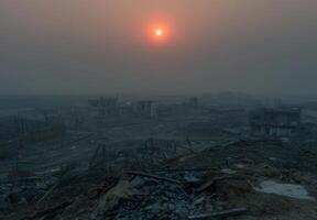A view of the sun setting over a city photo