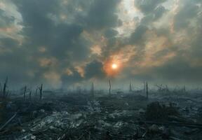The sun is setting over a destroyed forest photo