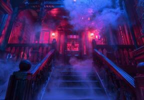 A halloween house with stairs and smoke photo