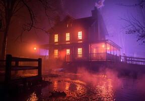 A house with fog and lights on at night photo