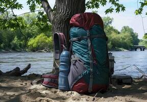 A backpack and water bottle sit on the shore of a river photo