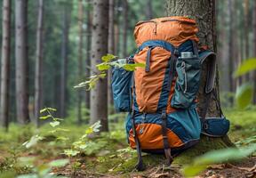 A backpack is sitting on a tree stump in the woods photo