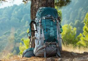 A backpack is sitting on top of a tree photo