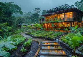 A house surrounded by lush vegetation and trees photo