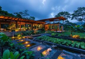 A house with a garden and a pond at dusk photo