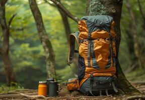 A backpack and water bottle sit on the ground in the woods photo