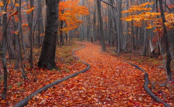 A path through the woods with fallen leaves photo
