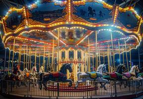 A carousel ride with many horses and people photo