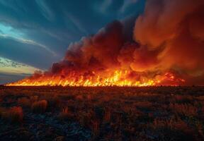 A large fire is burning in the middle of a field photo