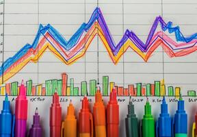 A graph chart with colored pens and a pen photo