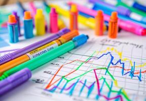 Colorful pens and graph paper on a desk photo