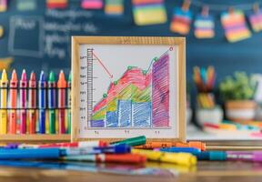 A drawing of a graph on a desk with crayons photo