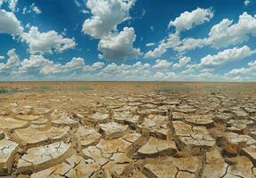 A dry, cracked field with clouds in the sky photo