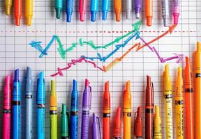 Many colored pens and graph paper with a line drawn on it photo
