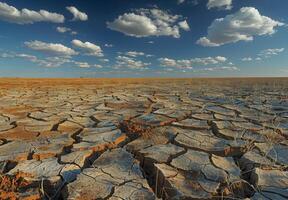 Dry, cracked earth with blue sky and clouds photo