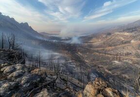 A view of a burned area with smoke and fire photo